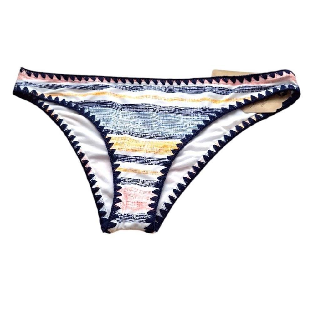 True Craft Womens Bikini Bottoms L Blue Multi Color Summer Stripe Crochet Boho